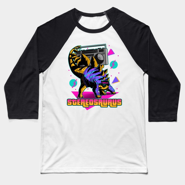 Stereosaurus - A Rad Dinosaur Baseball T-Shirt by Sachpica